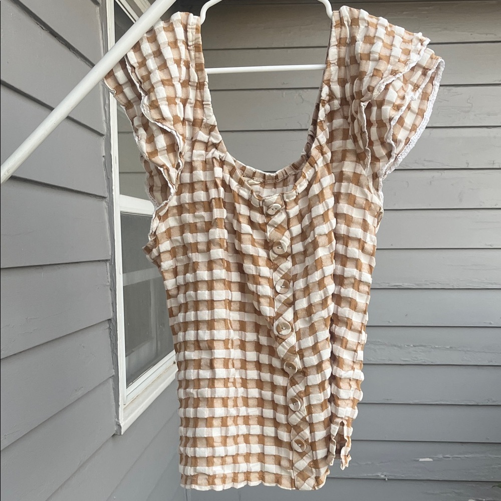 Matilda Jane Checkered Ruffle Sleeve Blouse - Tan and White